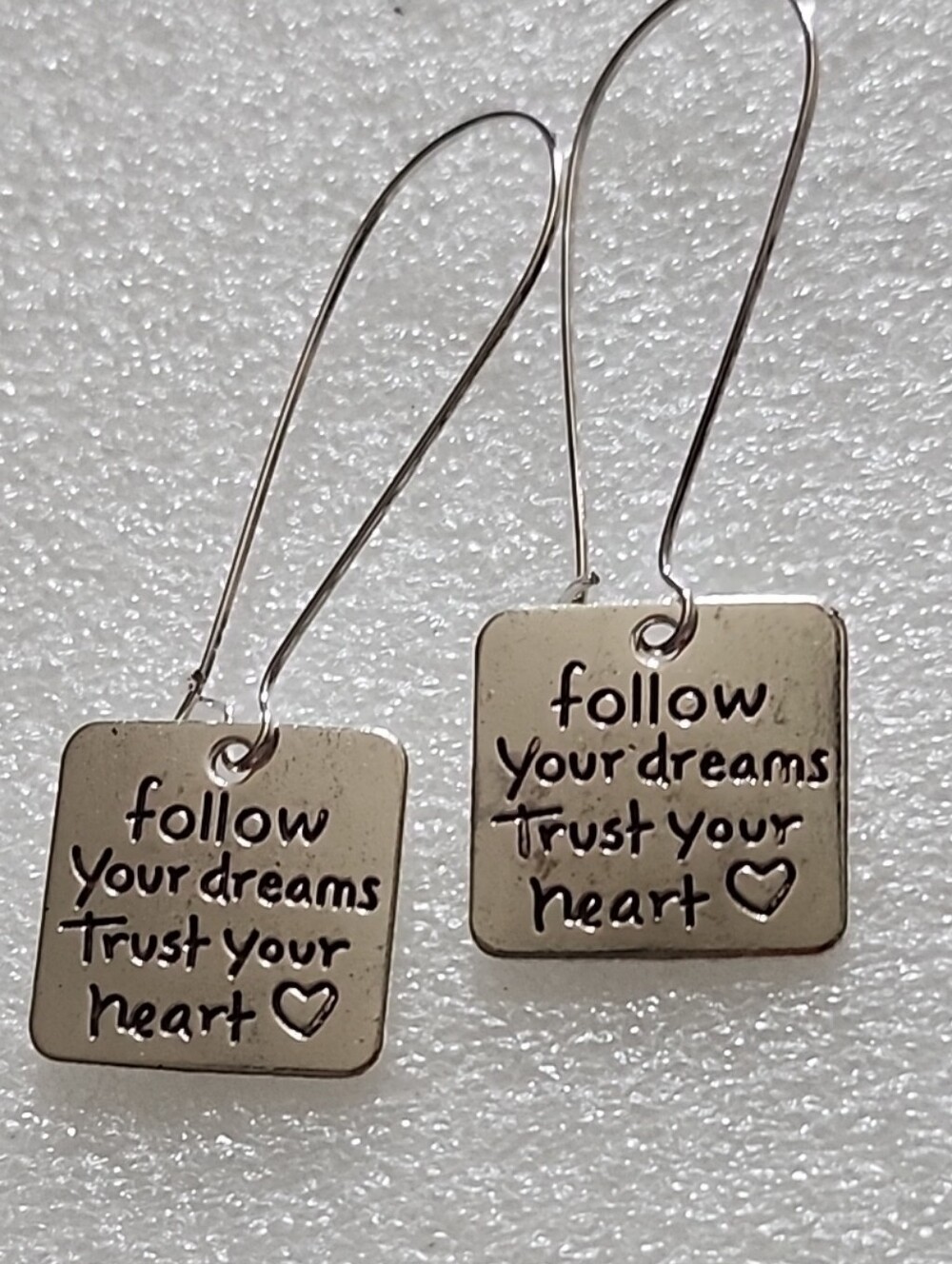 Hand Crafted Silver Inspirational Square Drop Earrings